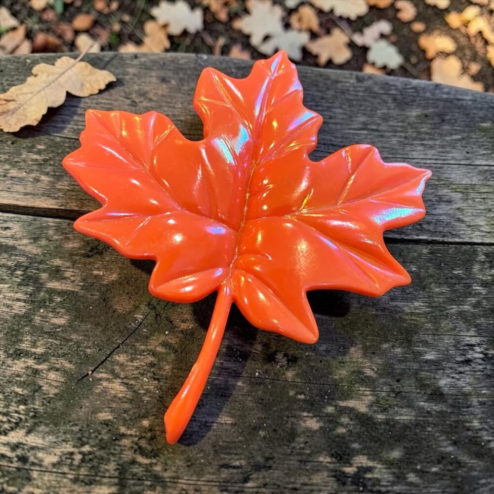 Giant Orange Maple Leaf Brooch Handmade Plastic Statement Fall Folk Art